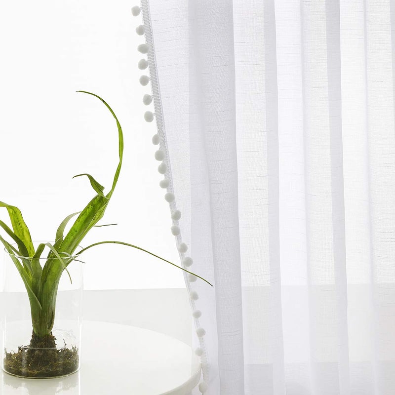Treatmentex Pom-Pom Sheer White Curtains Extra Long 108-inch for Living Room, Slub Linen Textured White Sheer Window Drapes for Bedroom 2 Pack 52" w - Image 3